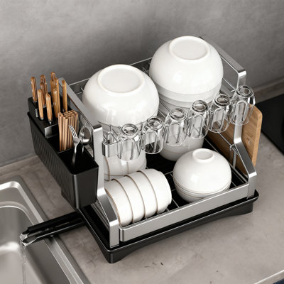 2-Tier Space Saving Dish Rack, Kitchen Counter Dish Drainer with Drainboard