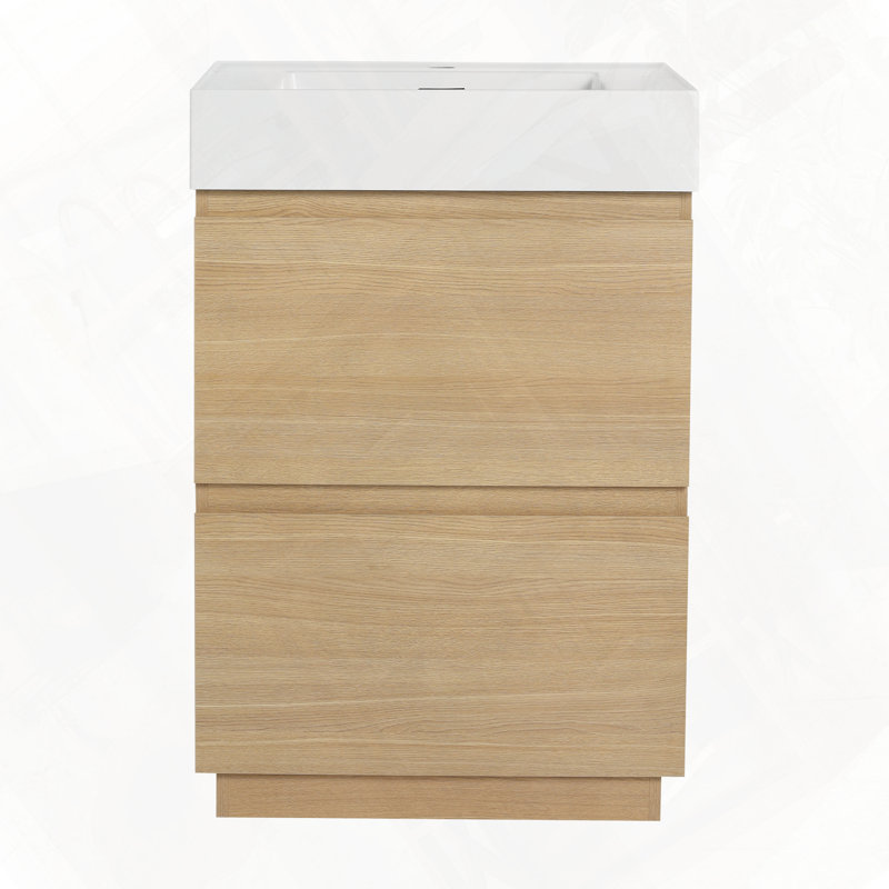 Meuble-lavabo pour salle de bain avec lavabo simple encastré et tiroir double facile à assembler, Chêne