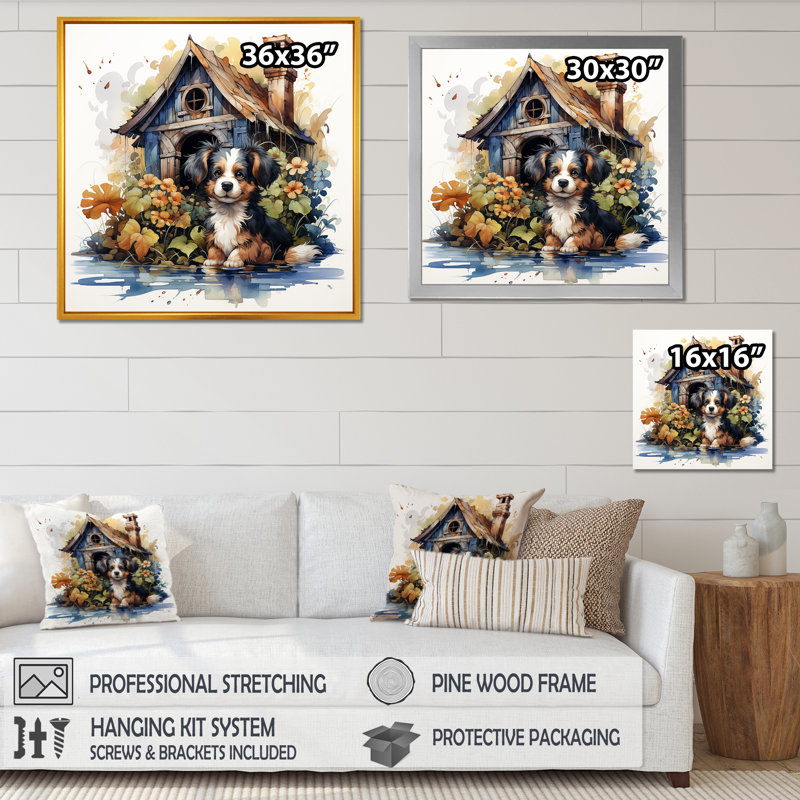 «Puppy Doghouse Blooms II», art mural chien, Cadre flottant doré, H 30 po x l 30 po x P 1,5 po