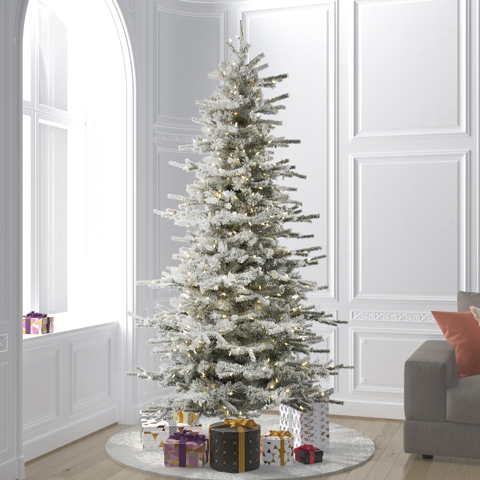 Slim Pre-Lit Flocked Fir Christmas Tree, 8.5' H