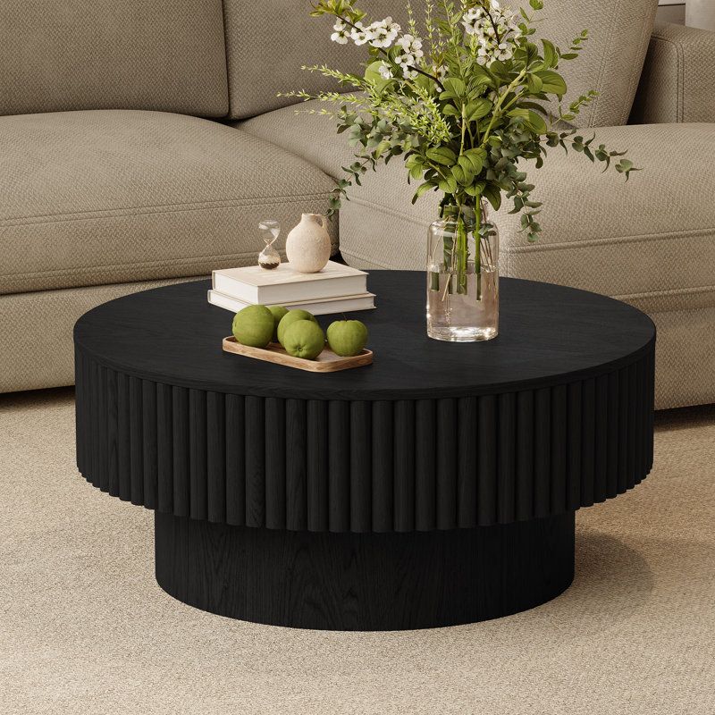 Round Drum Coffee Table with Storage, Black, 14" H x 35" W x 35" D