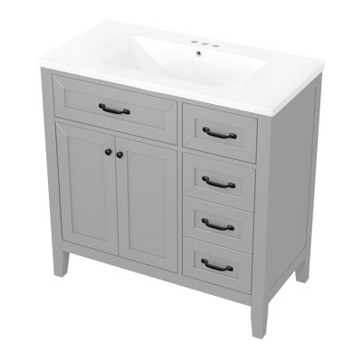 Meuble-lavabo 36 po, lavabo autoportant en bois massif et encastré gris, tiroirs décoratifs pour la maison