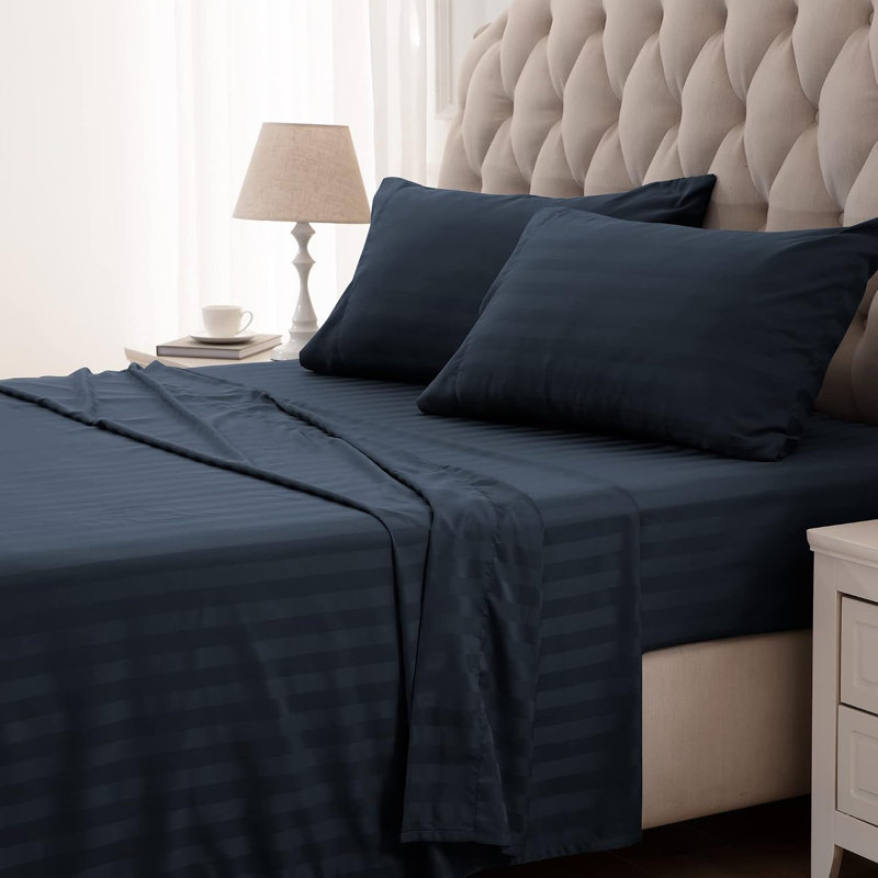Sateen Striped Sheet Set, King Sheet Set + Fitted Sheet + 2 Pillowcases, Navy Blue