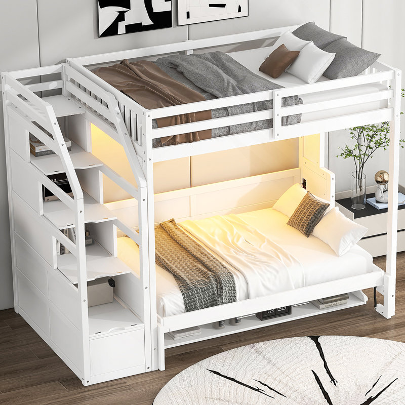 Loft Bed With Storage Staircase And Murphy Bed, Bed Frame With LED Light