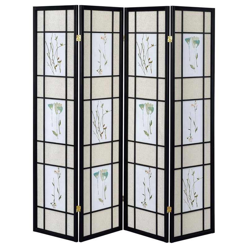 Beige and Black Floral Print 4-Panel Folding Screen