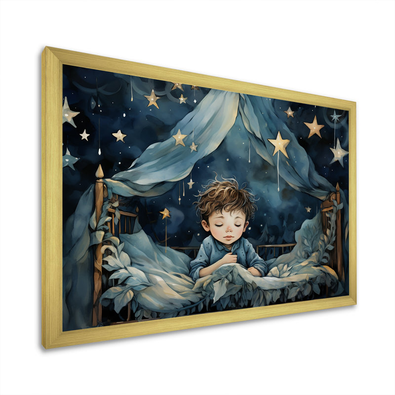 Childs Moonlight Nursery 2 - Art mural de chambre de bébé, Cadre doré à coins fermés, H 16 po x l 32 po x P 1 po