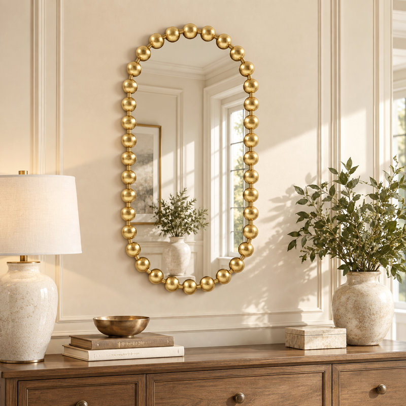 Miroir mural ovale Marlowe en fer noir mat perlé 18 x 36 po, Doré