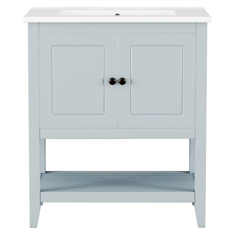 Meuble-lavabo de style moderne avec lavabo en céramique et tablette ouverte, Gris