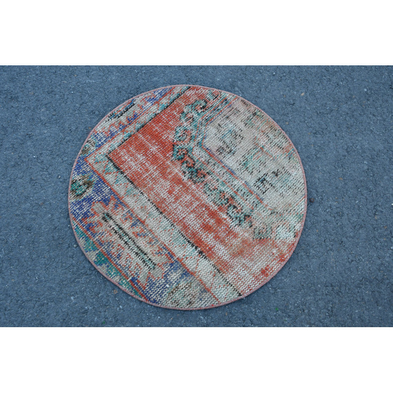 Tapis Oushak turc rond authentique: tapis de porte oriental délavé à la main brun / rouge