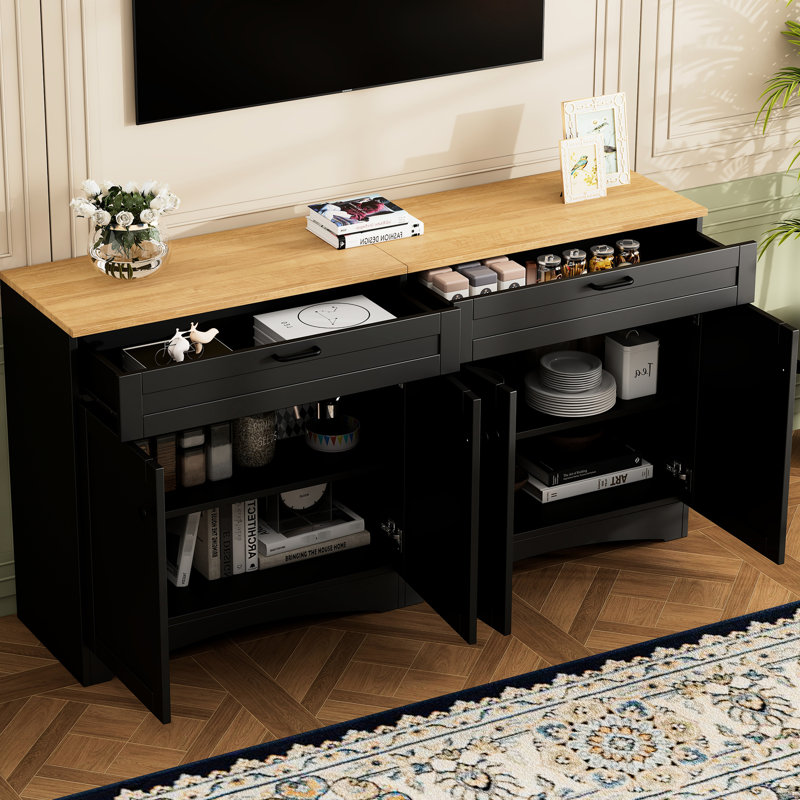 Meuble télé 70 po avec poignées rustiques, 2 tiroirs de style, tablettes réglables et armoire de rangement en grain de bois noir, rétro, compatible
