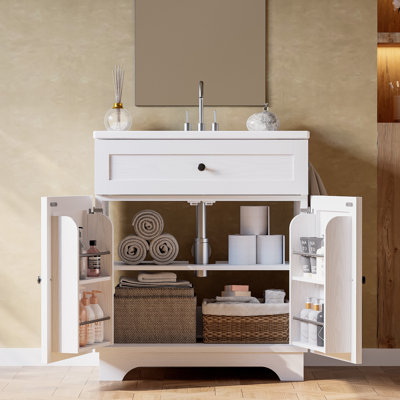 Farmhouse 30 Inch Bathroom Vanity With Ceramic Sink, Freestanding Bathroom Cabinet With Adjustable Shelf