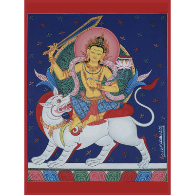 Newari Simhavahana Manjushri (Brocadeless Thangka) | Water Color On Cotton