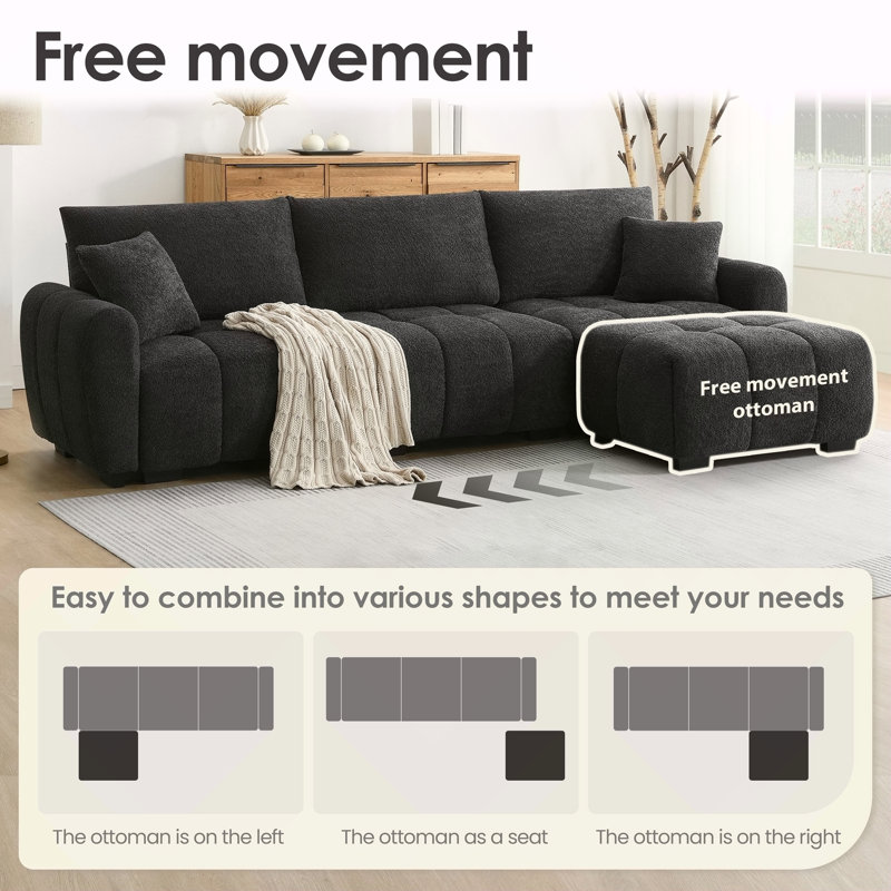 110 Inch Modular Sectional Sofa With Extra-Large Seat, Movable Ottoman, High Density Foam, Free Combination, Sturdy Metal&Wood Frame, Boucle Fabric, Available In 3 Colors