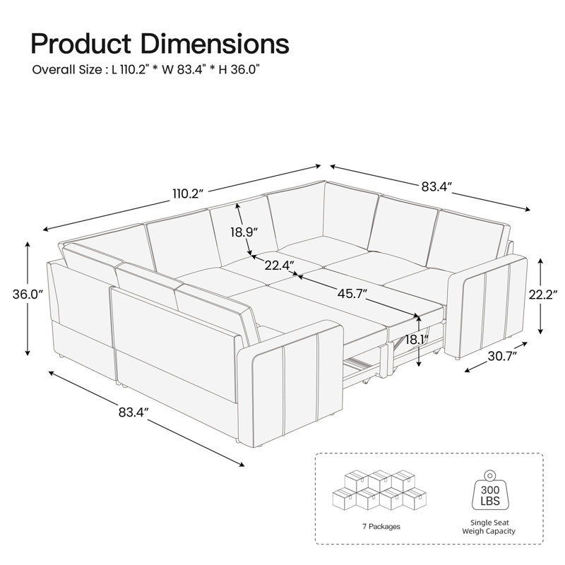 Seybert U Shaped Sofa Oversized Pullout Sofa Bed Modular Sectional Couch Convertible Sleeper, Beige Chenille