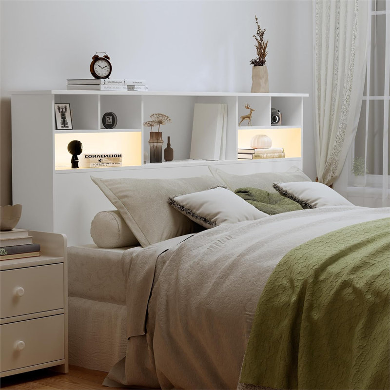 Bookcase Headboard With Charging Station & 2 Led Lights, White, Queen