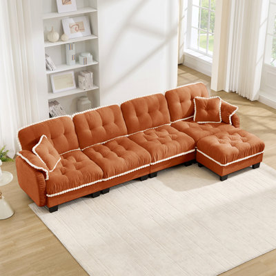 Canapé en forme de L en chenille avec 4 coussins, repose-pieds mobile à garniture pom-pom capitonnée, conception ergonomique, canapé à assise profonde facile à assembler pour le salon, le bureau