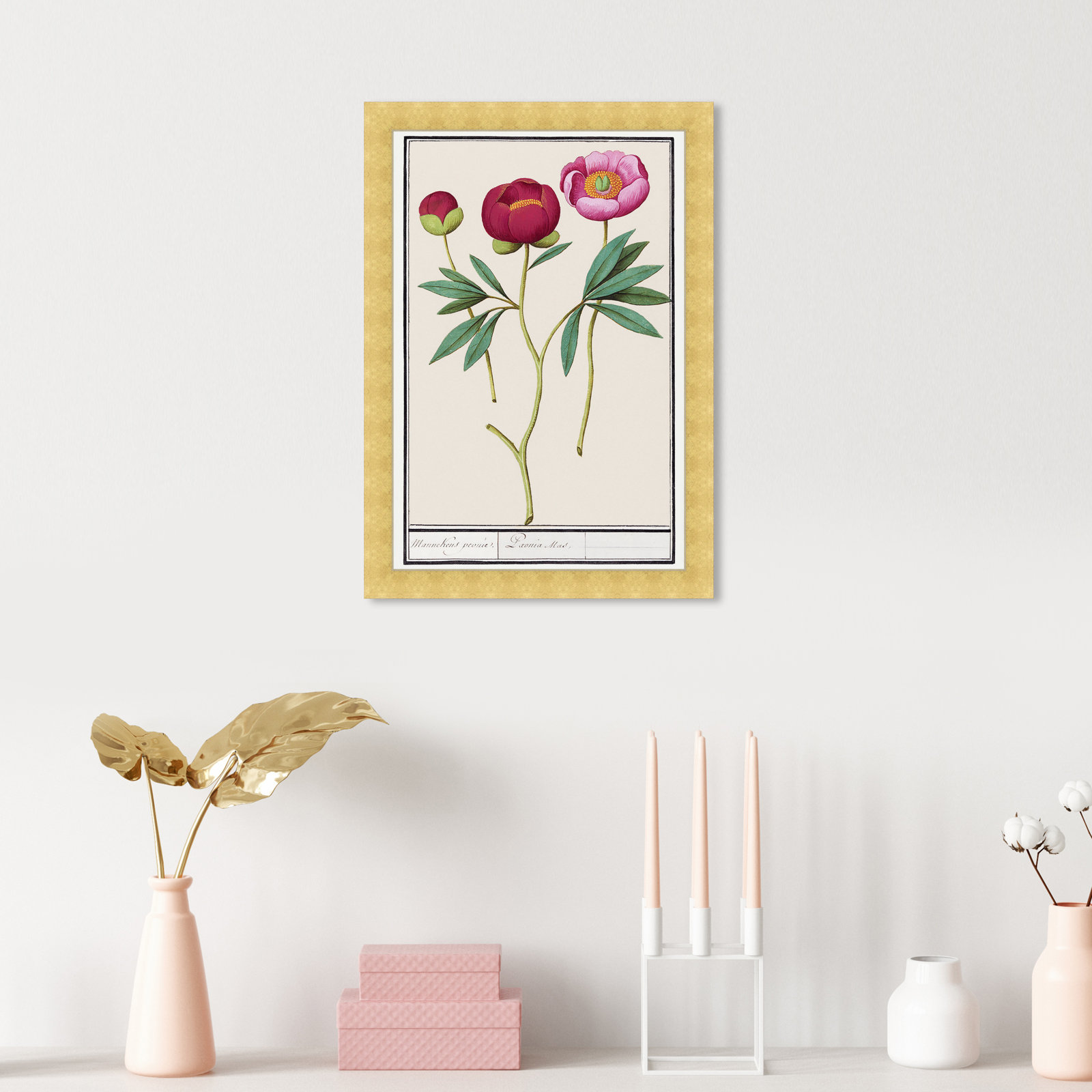 Red And Pink Peony Botanical Study by Oliver Gal, 17" H x 12" W, Gold