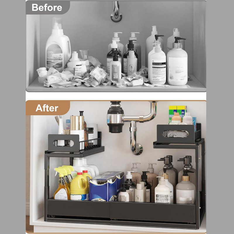 Metal Under Sink Storage Organiser, Adjustable 2 Tier Pull Out Under Sink Storage (2 in 1 Black)