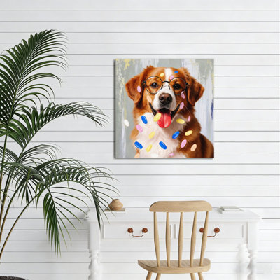 Chien avec lunettes et bonbons, cadre en bois intégré, l 16 x 16 L