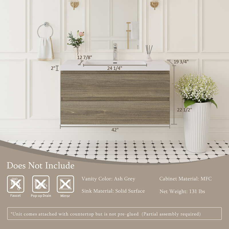 Meuble-lavabo flottant 42 po avec lavabo, Bois de frêne gris