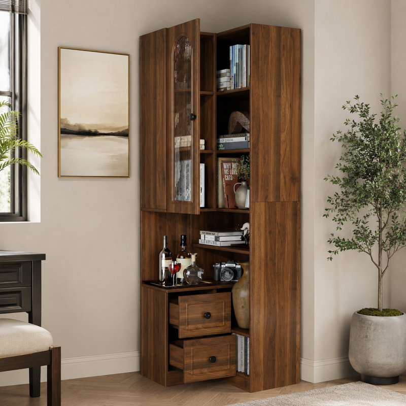 Bibliothèque de coin Chambaud avec tiroirs en verre et tablettes ouvertes