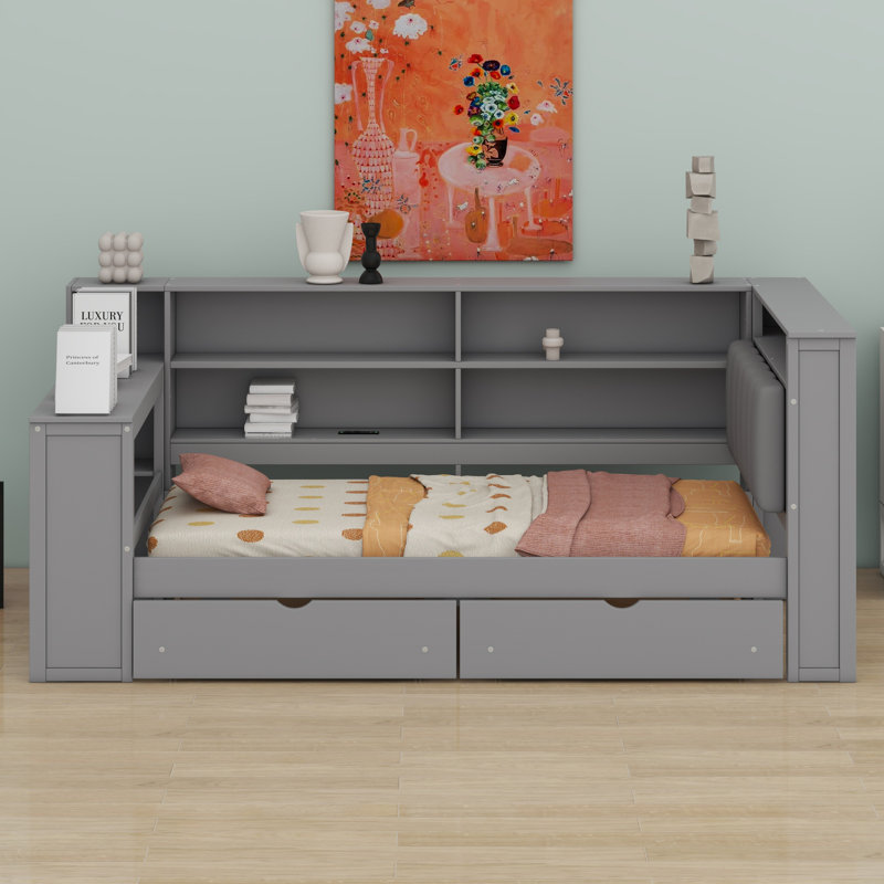 Lit plateforme en bois avec tablettes de rangement, tiroirs, station de charge, DEL, bureau et tête de lit tapissier, Simple