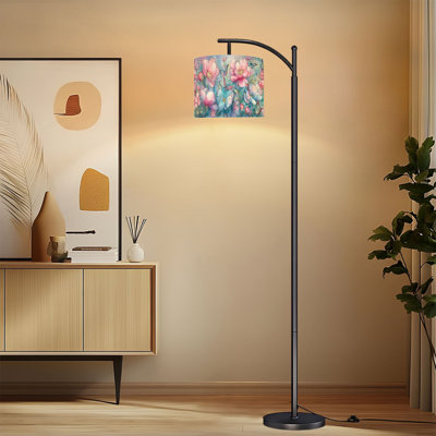 Arc Floor Lamp with Adjustable Lampshade Hand Drawn Watercolor Cats Playing Butterflies Standing Lamp 3 Color Temperatures Dimmable Tall Pole Lamp with Foot Switch for Bedroom