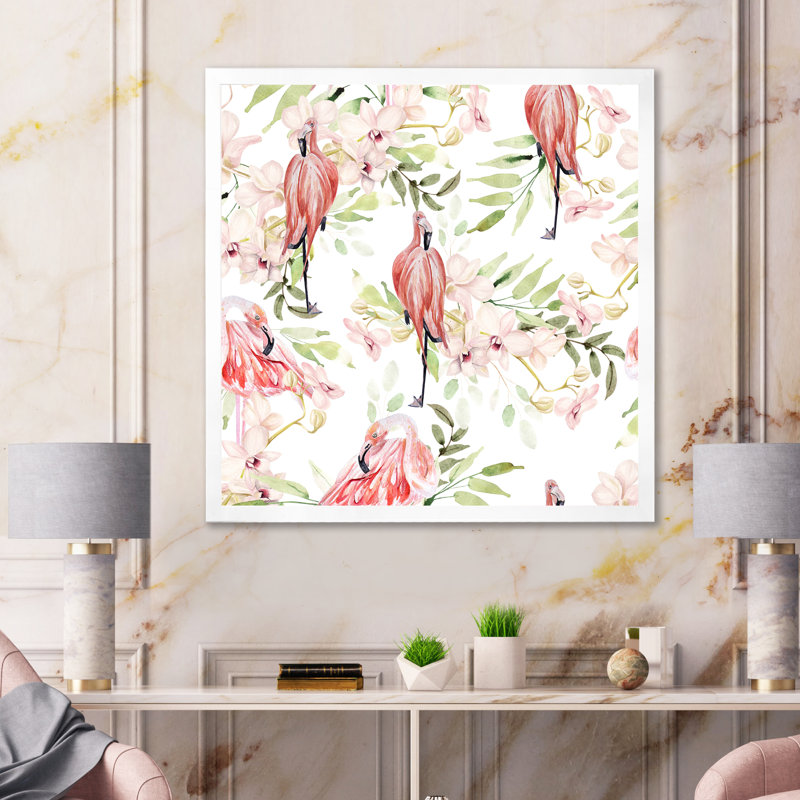 Motif lumineux avec des fleurs de feuilles, oiseau flamant rose - peinture sur toile, H 31,5 po x l 31,5 po, Cadre blanc