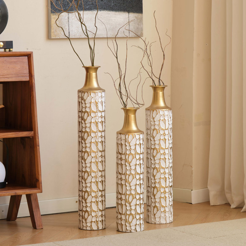 Decorative Metal Vases Set Of 3, 24/28/32.3 Inch Gold Leaf Pattern Floor Vases, White & Gold Tall Vases For Home Decor, Living Room Entryway Decor (5.31In Base Width)