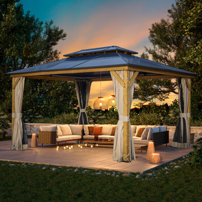16 Ft. W X 12 Ft. D Hardtop Gazebo, Solid Wood Frame Permanent Pavilion with Curtains and Netting, Outdoor Double Roof Canopy, Designed for Garden, Lawns, Patio