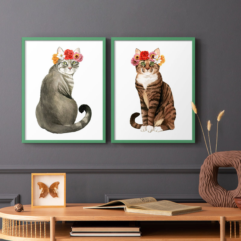 «Flower Crown Cats I», reproduction encadrée de qualité supérieure - prête à être accrochée - aucun clou requis - aucun clou requis