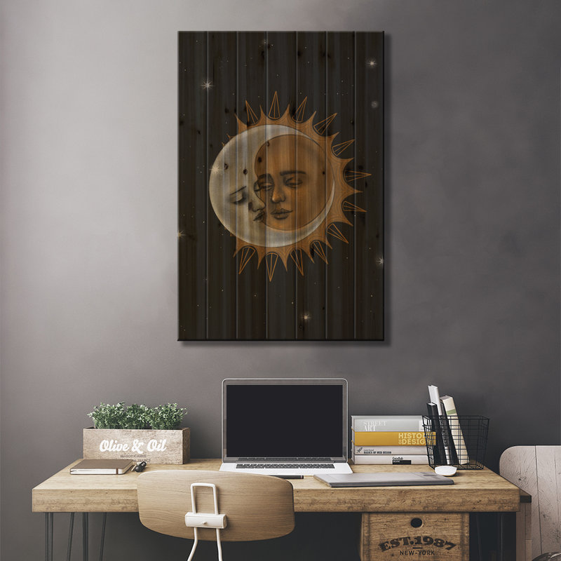 Soleil et lune sur bois par Stephanie Sanchez, H 26 po x l 18 po x P 1,5 po
