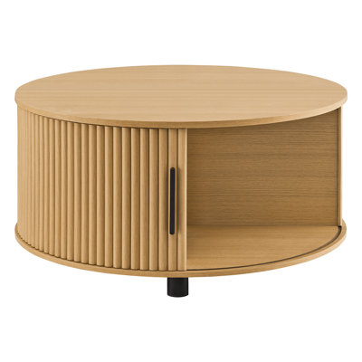 Modern Wood Circle Drum Table With Sliding Cabinet Door
