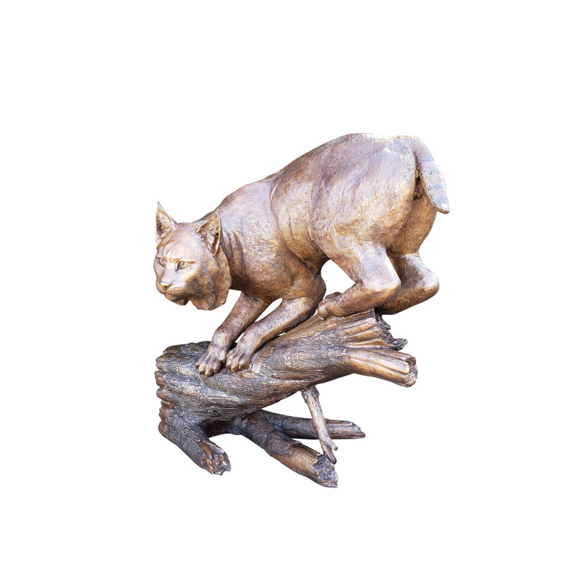 Bobcat Going Down a Tree Log Bronze Statue -  Size: 43"L x 25"W x 41"H. 