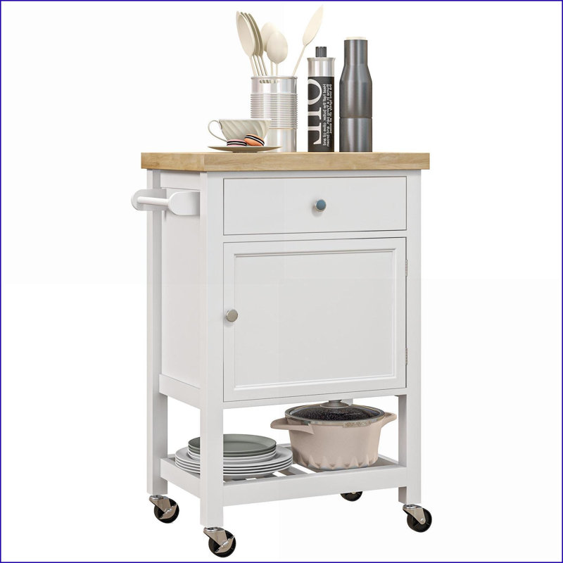 Chariot pour îlot de cuisine, utilitaire roulant avec plateau en bois d'hévéa, rangement et amp; Roues | Blanc | Bois d'ingénierie