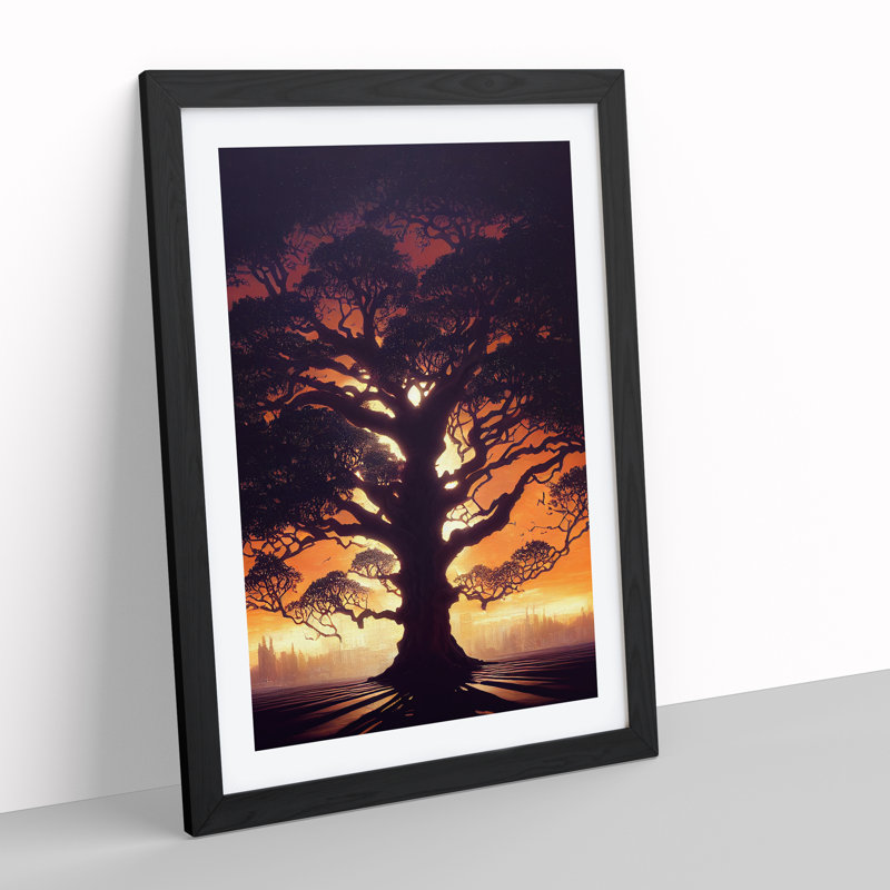Tree At Sunset - Wall Art, Black Framed, 66cm H x 48cm W, White