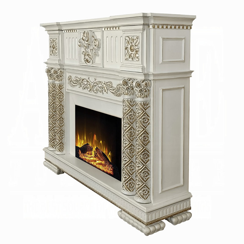 59 Inch Classical Electric Fireplace, Carved, Remote, Antique Pearl