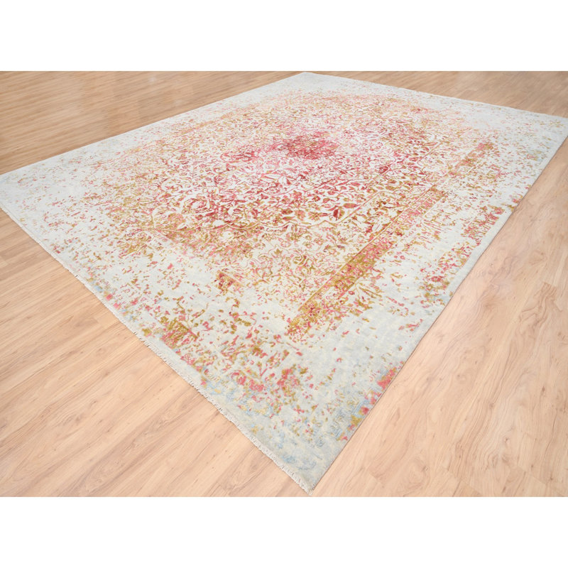 Tapis surdimensionné à motif de médaillon persan ivoire effacé 12 pi 1 po x 15 pi Sh63304