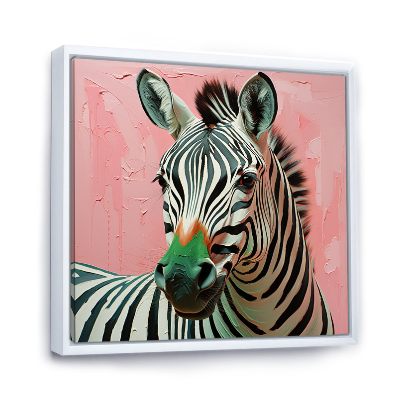 Rose et vert Boho Zebra I - art mural animal zèbre, Cadre flottant blanc, H 36 po x l 36 po x P 1,5 po