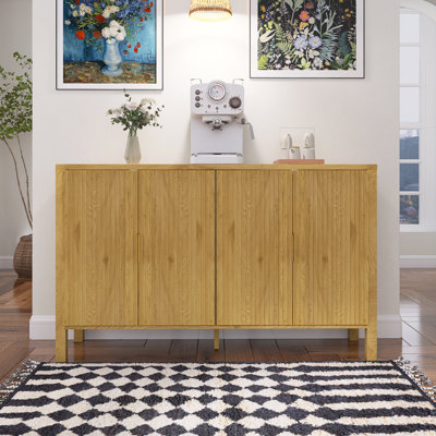 Modern Stripe Door Storage Cabinet, 4-Door Sideboard With Back-Of-Door Storage Racks & Side Hooks, Adjustable Shelves, MDF Cabinet With Aluminum Handles,Natural