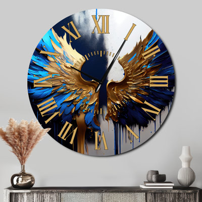Blue And Gold Angel Wings I - Contemporary Glam Golden Face Wall Clock