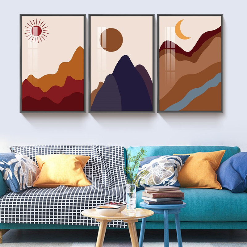 Sun Moon and Mountains - Ensemble de 3 peintures sur toile encadrées, Noir
