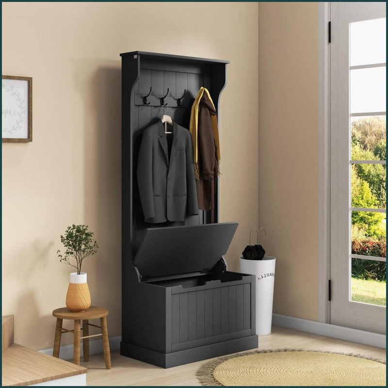 Coat Rack 3-in-1 Entryway Hall Tree with Storage Bench, 4 Hooks &amp; Shoe Storage | Black | MDF