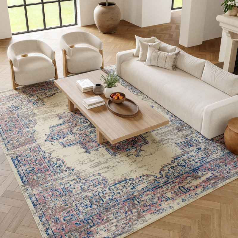 Tapis oriental ivoire / rose Burnie, Rectangle 7 pi 10 po x 9 pi 10 po
