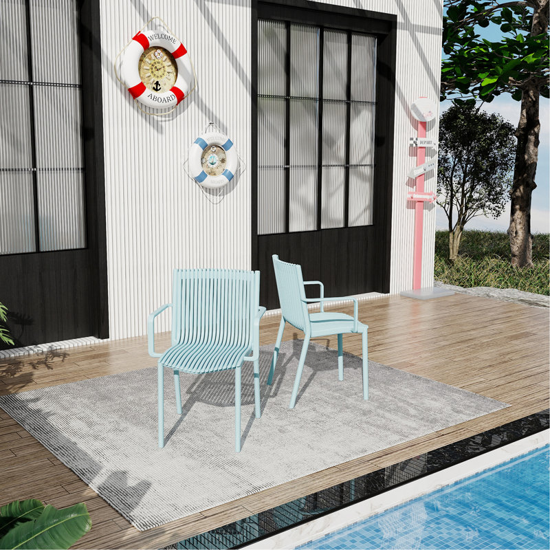 Summer - Fauteuil empilable moderne en plastique 4 pièces pour l'intérieur et l'extérieur - Dossier ergonomique à lattes, matériau PP toutes saisons, bleu ciel clair - patio, balcon, café