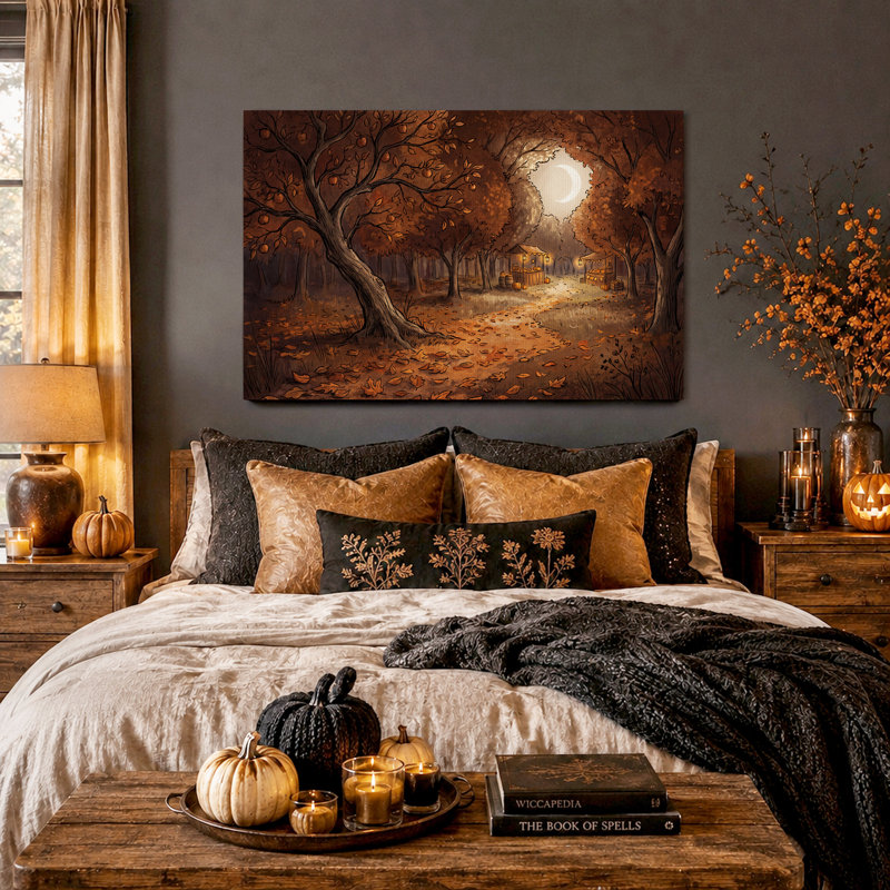Art mural sur toile Halloween au clair de lune avec étals en bois, H 16 po x l 24 po