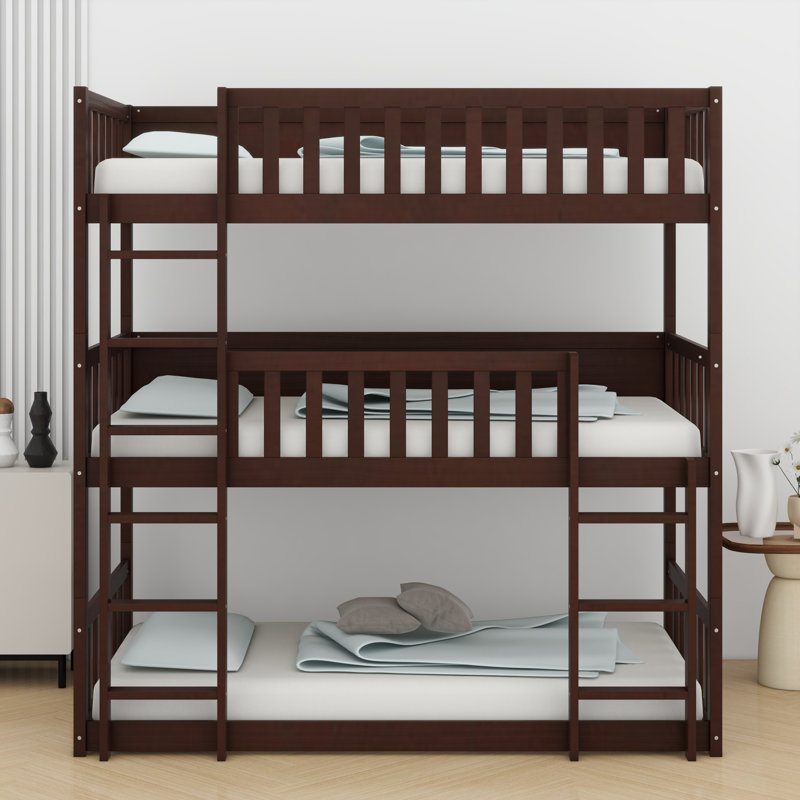 Triple Wood Bunk Bed, With Ladders, Guardrails, Espresso