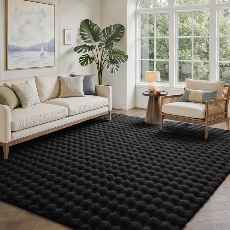Modern Bubble Texture Faux Fur Rug , 200cm x 290cm, Black