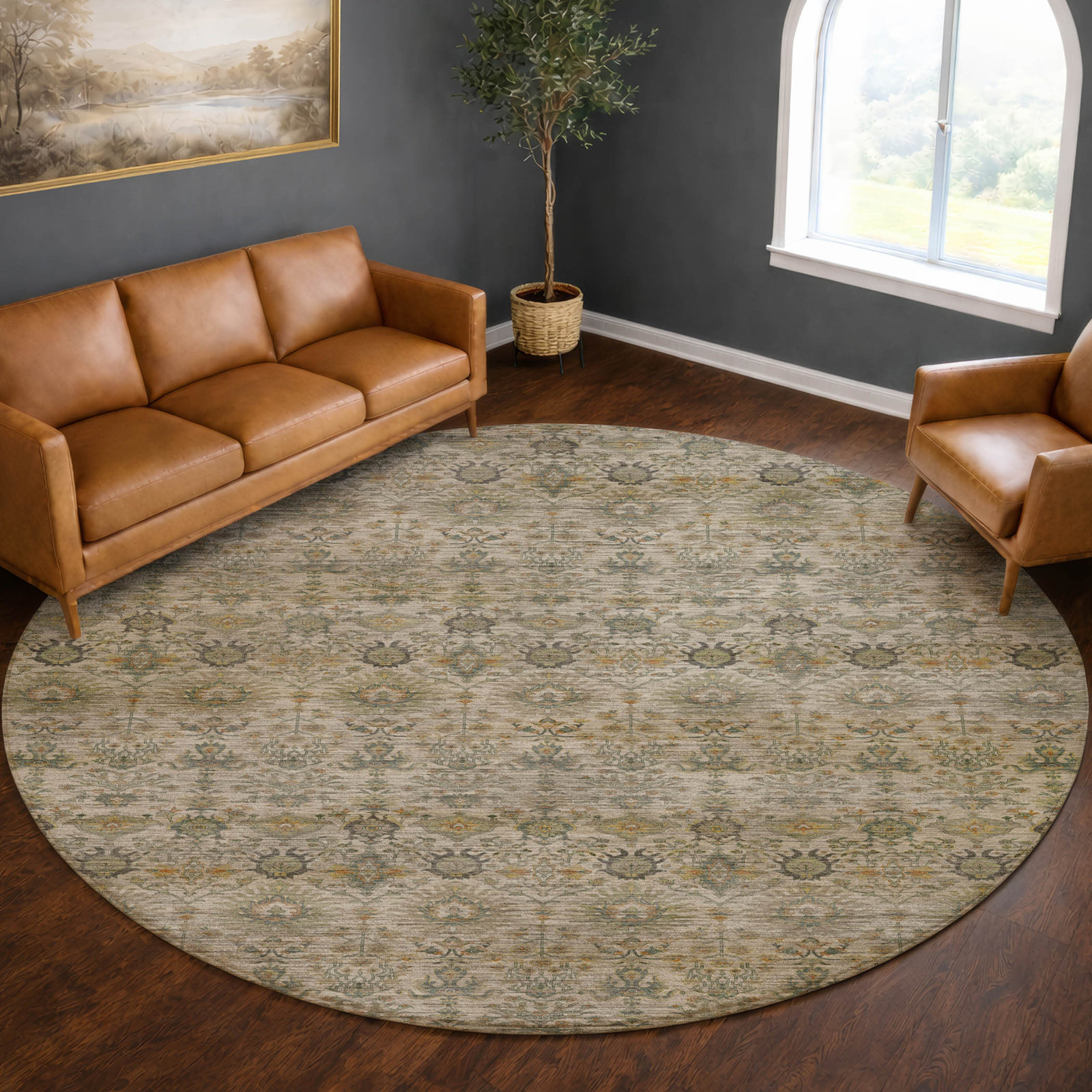 Premium Machine Washable Tirico Traditional Rug, Ivory, 8' Round