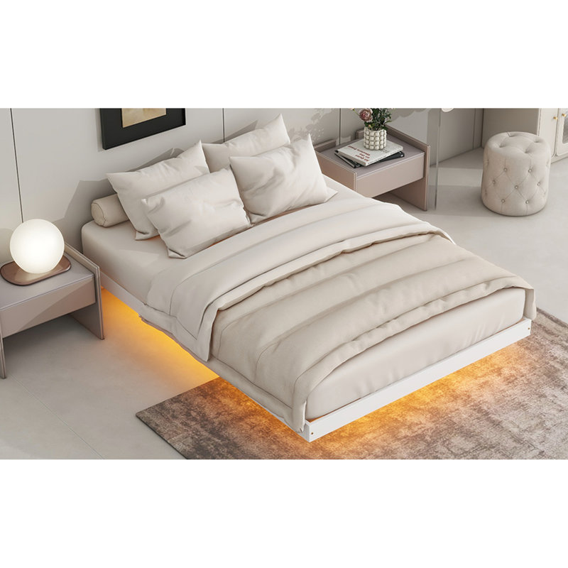 Lit flottant avec lumières DEL en dessous, lit plateforme moderne à profil bas avec lumières DEL, Complet/Double, Blanc